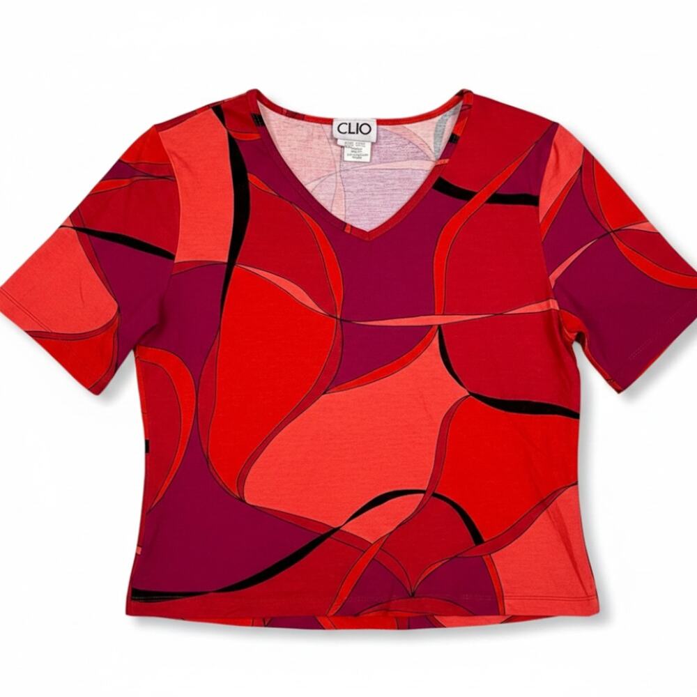 Vintage Clio Red Abstract V Neck Shirt Blouse Women's Medium 80s 90s Casual USA